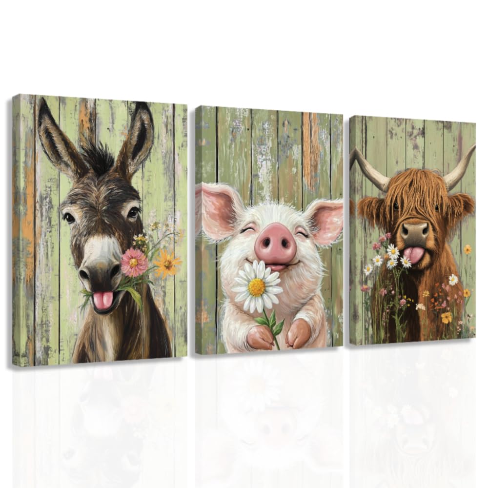 ZXHYWYM3 Piece Farm Animal Wall Art Funny Highland Cow Donkey Pig Painting Animal and Flower Pictures Farmhouse Canvas Prints Home Decor Framed (40x60cmx3)