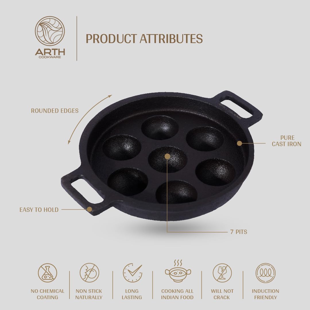 Arth The 7-Pits Pre-Seasoned Cast Iron Paniyaram Pan, 100% Natural and Toxic Free | 7 Pits - 22cms Diameter | NNaturally Non Stick and Long Lasting 2