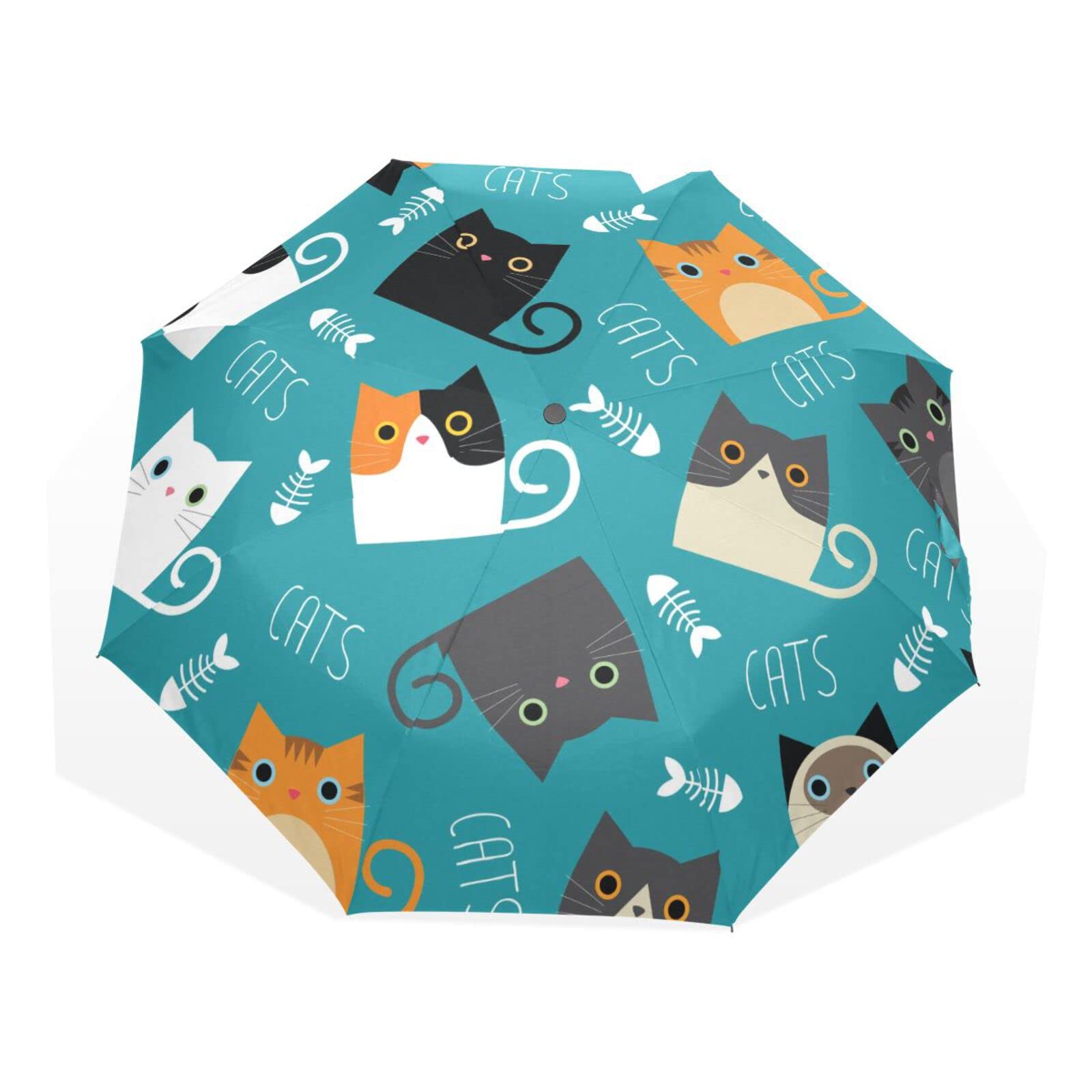 Poeticcity Unisex Black,Turquoise A Set Of Different Color Cats And Fishes Bone Silhouettes On Turquoise Travel Umbrella, Hand Open Close Windproof Waterproof Folding Umbrella, Black Tape Compact Canopy Strong Anti Uv Ray Parasol