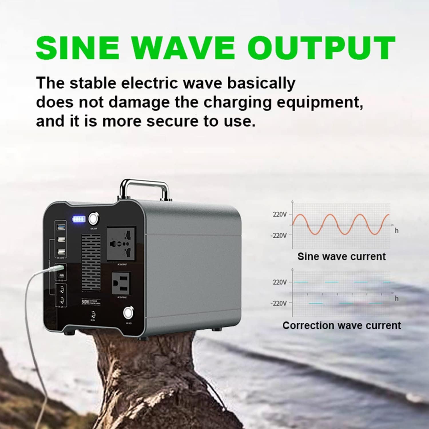 Station d'alimentation portable 144 000 mAh, 2 prises secteur, sortie USB-C PD 60 W, sortie CA 500 W, avec éclairage LED, pour camping-car, maison, extérieur, alimentation de secours (220 V ~ 60 Hz)