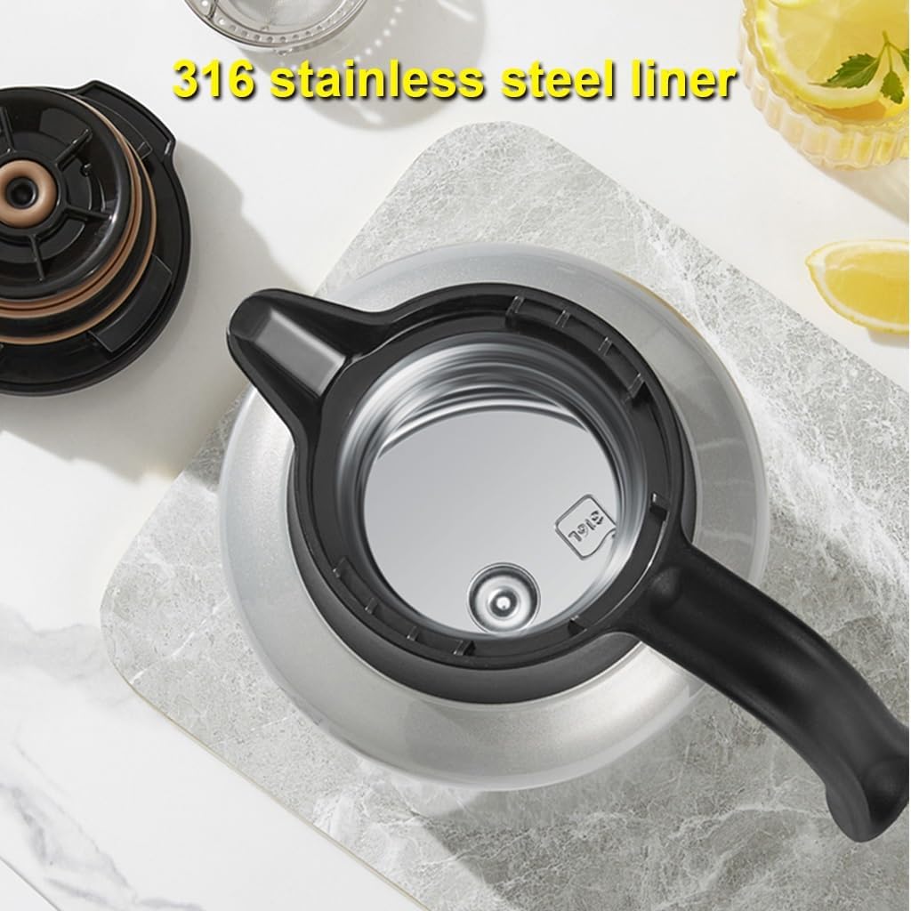 Double Wall Insulated Carafe Thermal Tea Pot for Keeping Hot,Vacuum Insulated Water Bottle|12 Hours Hot，Thermal Tea or Water Dispenser -Thermal Kettle(/Grey,1.6L)