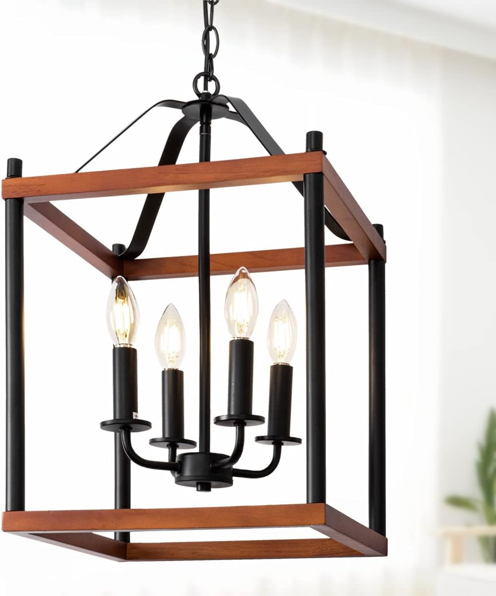 21.7" Farmhouse orb Chandelier, 4-Light Adjustable Height Handmade Rustic Wood Light Fixture for Foyer, Dining&Living Room, Kitchen Island, Entryway, Breakfast Area(Colour: Black) : Everything Else