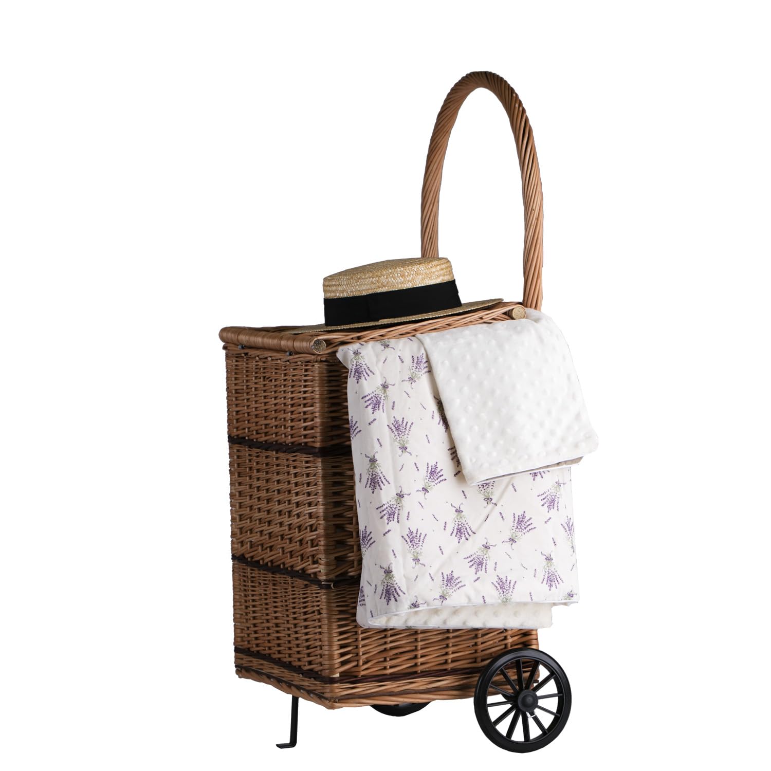 Carro de compras, cesta de troncos, carro de mercado, soporte de mimbre, carrito de compras, carrito de compras de mimbre con ruedas (Rectangular con tapa)