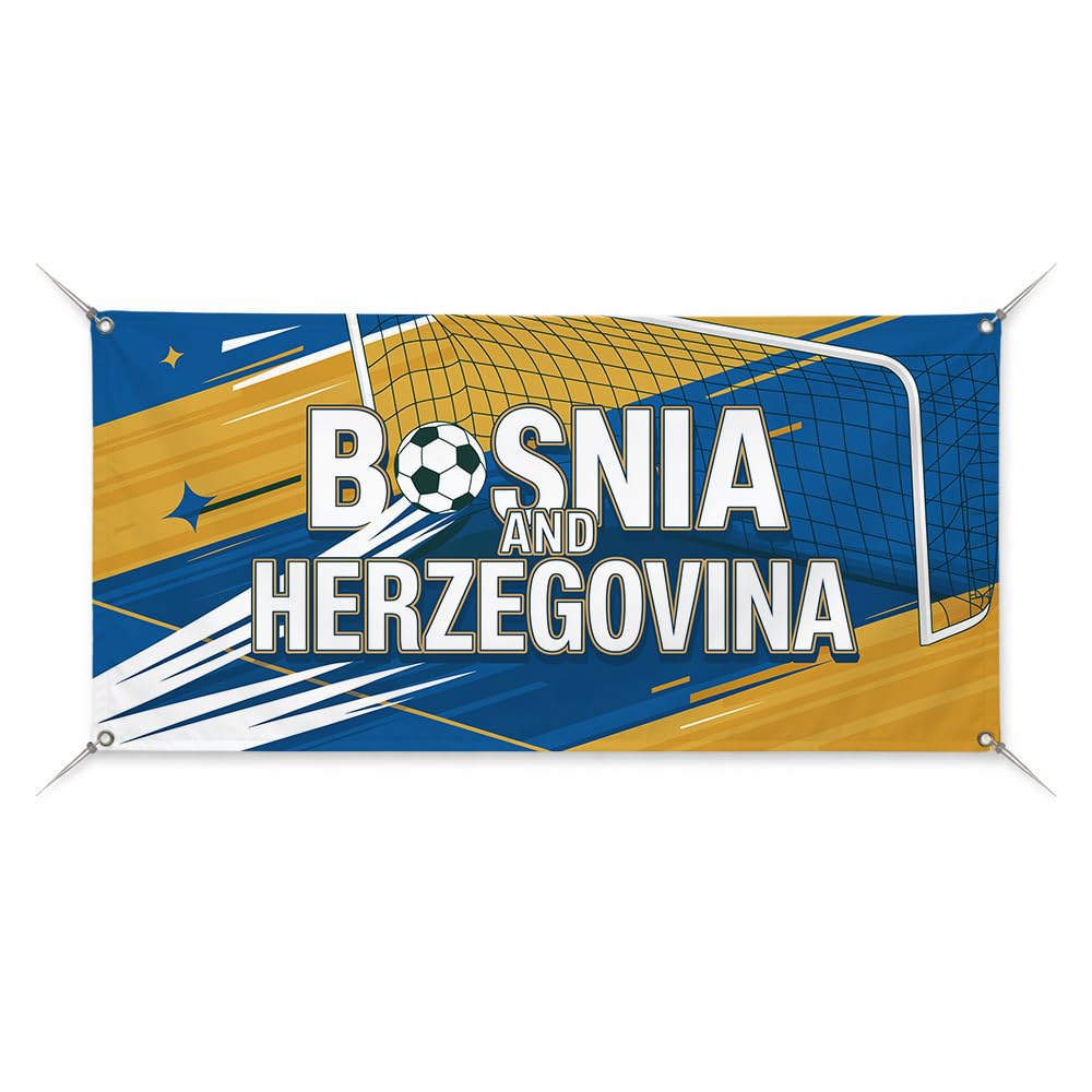 Bosnia and Herzegovina Soccer Banner 2026 Compatible with F1FA World Cup 2026 Decorations Large Outdoor Banner Football Party Backdrop Soccer Flag