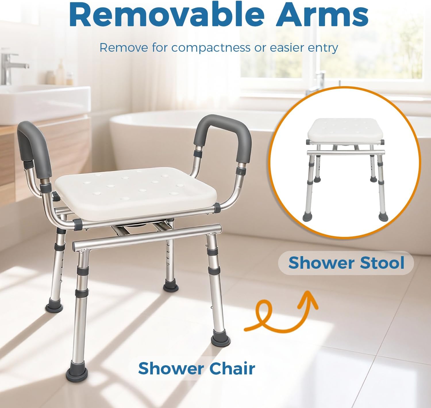 Swivel Shower Chair with Arms, Heavy Duty Shower Seat for Inside Shower Stall & Bathtub, Height Adjustable Safety Bath Seat for Elderly, Handicap, Disabled & Adults