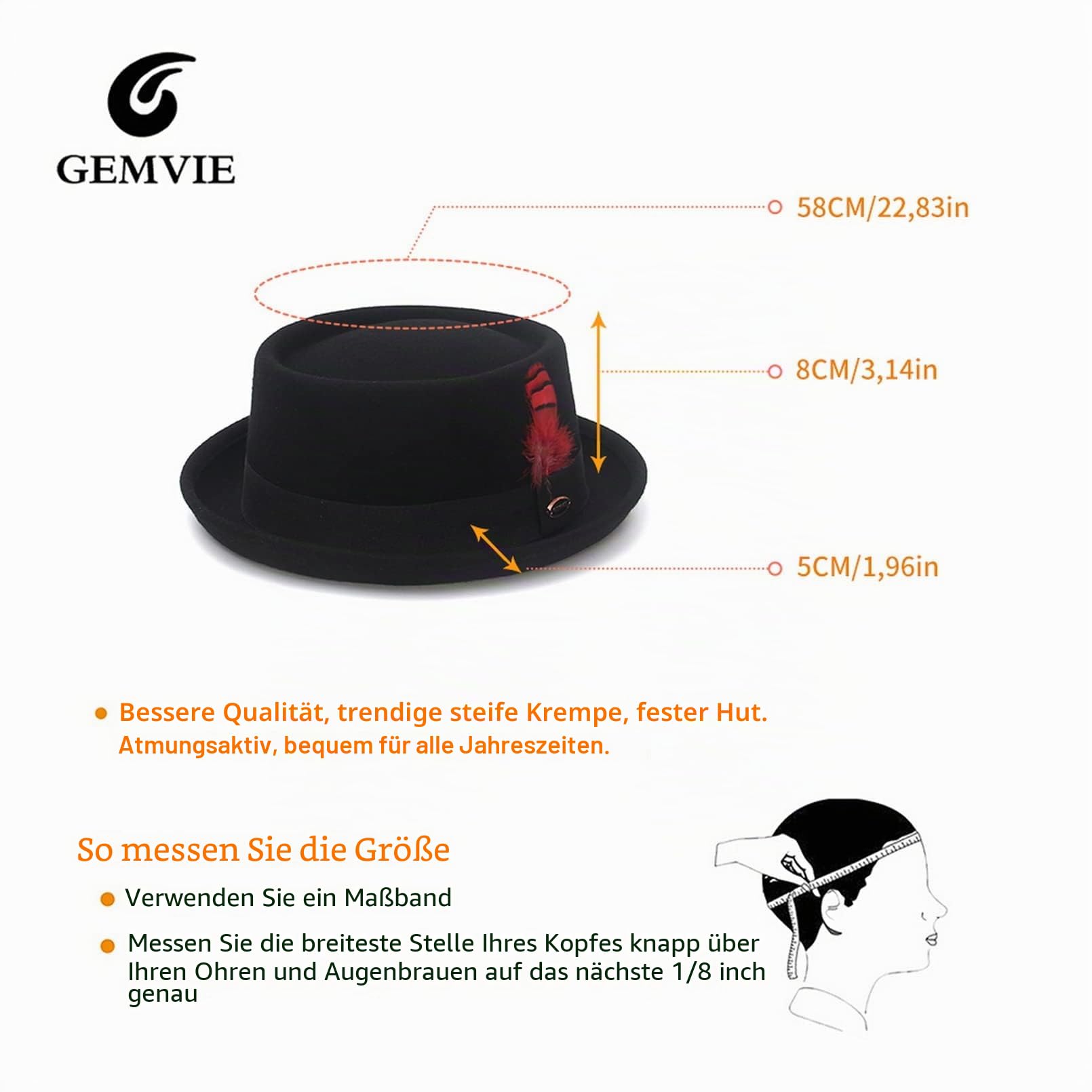 GEMVIE Pork Pie Hut 100% Wolle Filz Fedora Trilby Hut schwarz Erwachsene