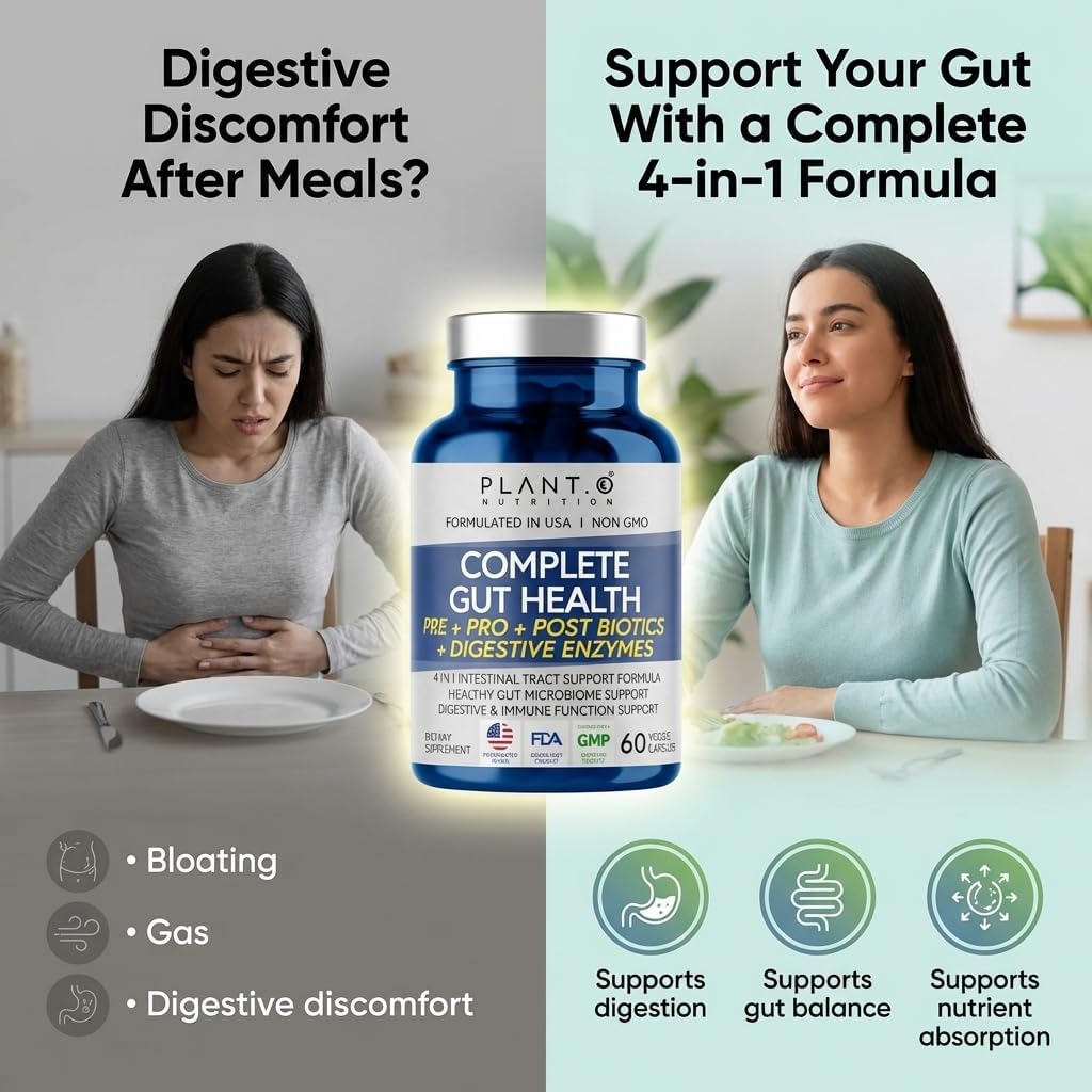 4-in-1 Gut Health Support – Prebiotics + Probiotics + Postbiotics + Digestive Enzymes – DE111 Spore Probiotic for Digestive Support & Bloating – Non-GMO, Made in USA – 60 Veggie Capsules