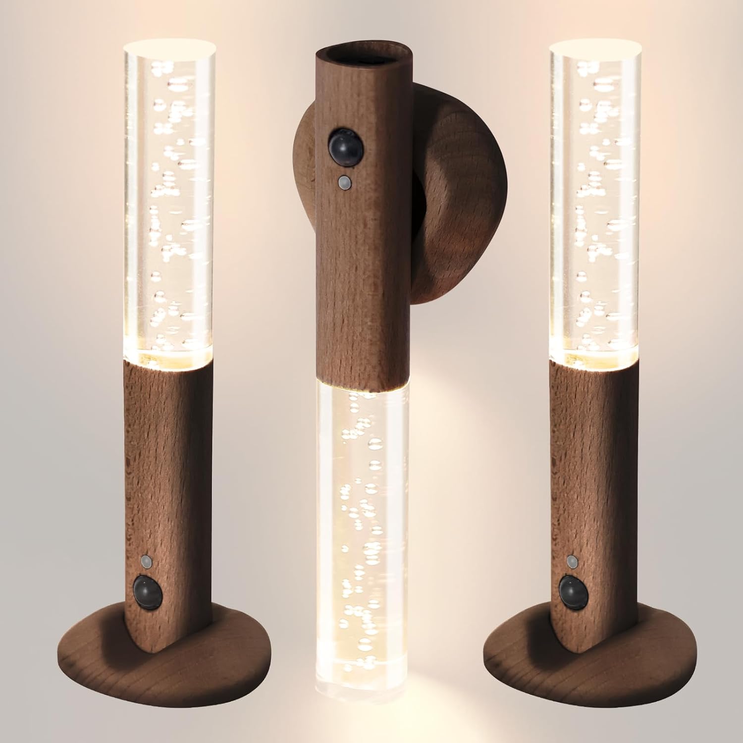 Motion Sensor Night Lights Indoor, Rechargeable Night Lights Wall Sconces Wooden Set of 3, Battery Powered Magnetic Wall Sconces Decor for Bedroom, Hallway, Bathroom, Stairway, Closet（Walnut Wood）