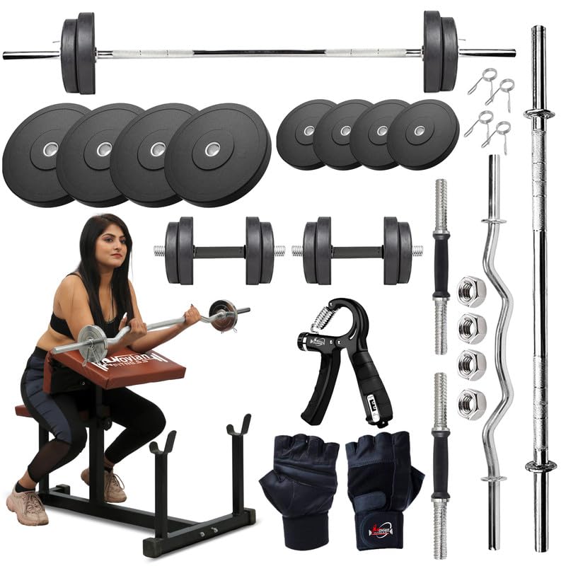 Preacher Curl Adjustable Home Gym Bench Set, 100KG Rubber Plates, 5FT Straight Barbell, 3FT EZ Curl Rod, Dumbbell Rods, Hand Gripper & Gloves for Strength Training-picture-29