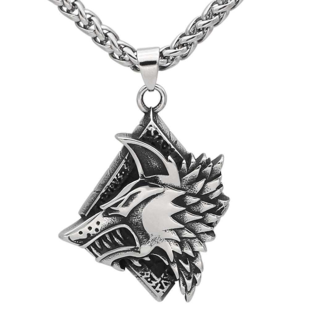 GuoShuangNoridc Viking Necklace Men Wolf Stainless Steel Necklace Viking Jewelry for Men with Valknut Gift Bag