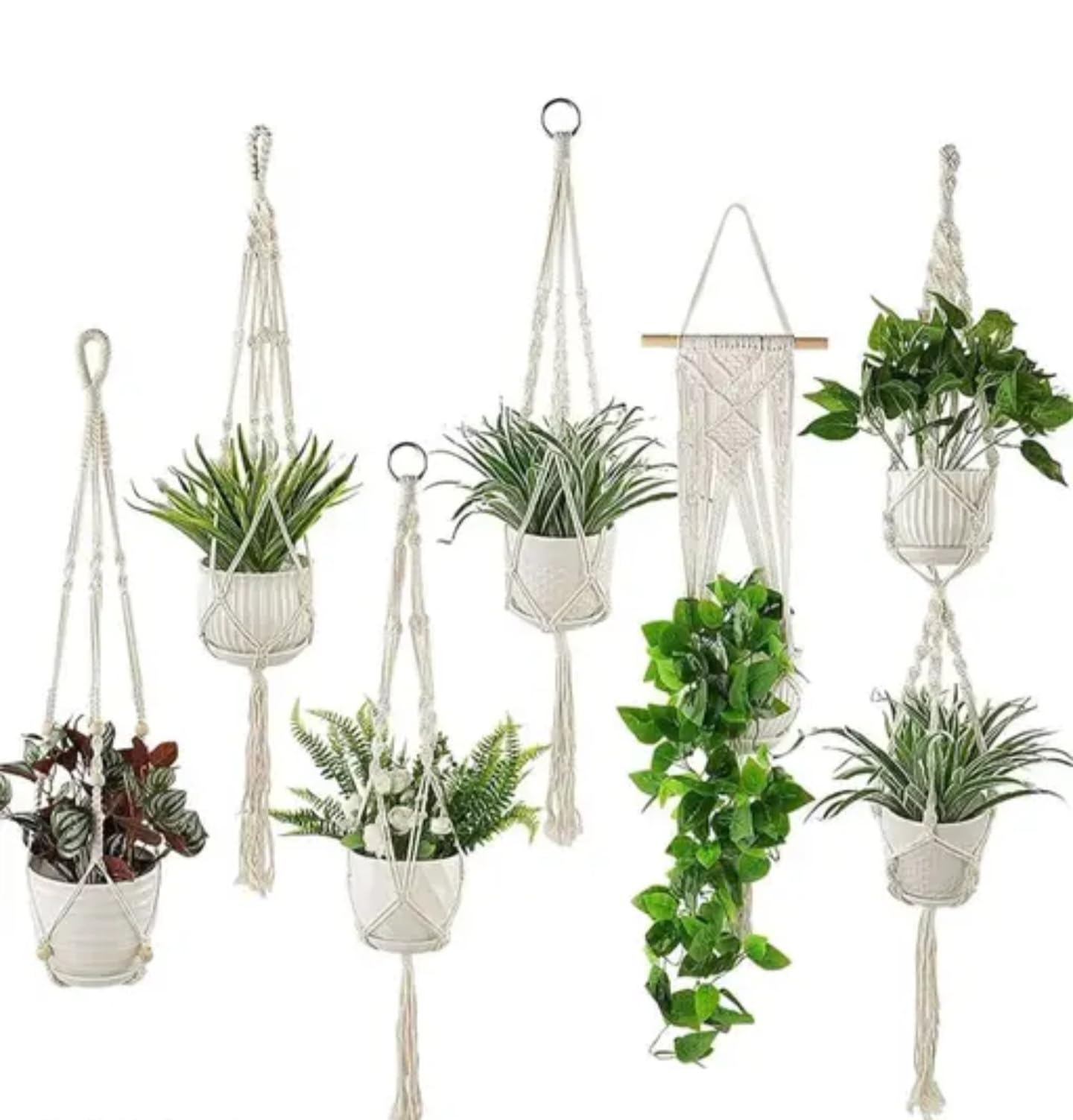 Lot de 6 cintres en macramé pour plantes d'intérieur avec corde en coton blanc pour décoration d'intérieur
