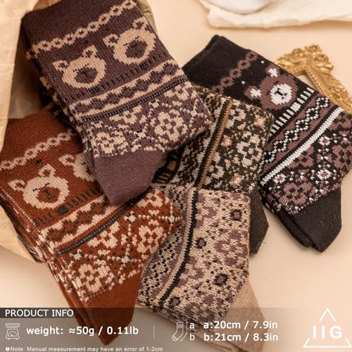 Image of IIG 5 Pairs Womens Pretty Vintage Wool Socks Unique Print Design Soft Cozy Warm Crew Socks Christmas Gift