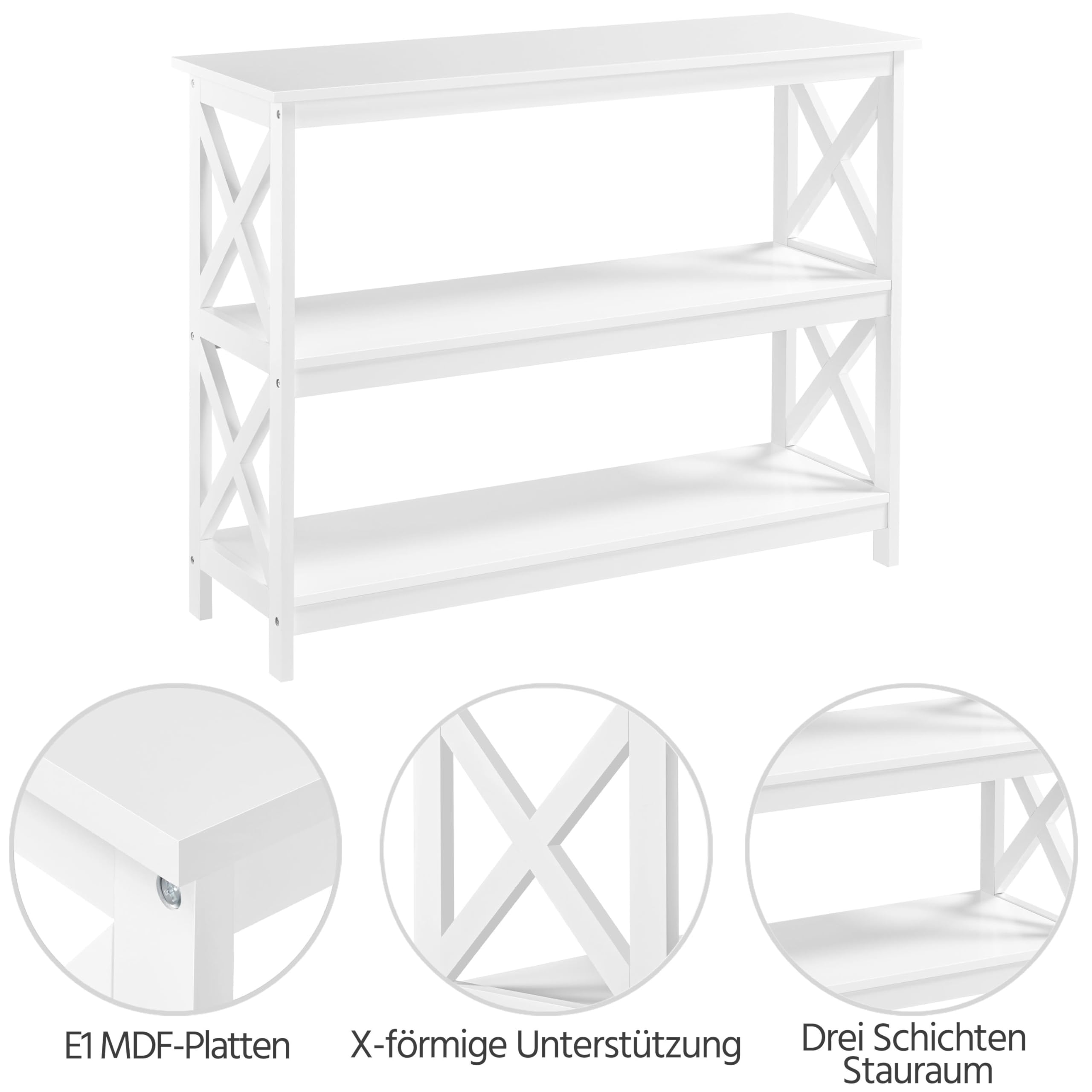 Yaheetech Konsolentisch 3 Ablagen Flurtisch Eingangtisch mit X-förmigem Rahmen Schmaler Beistelltisch aus Holz 106 x 35 x 80 cm, Weiß