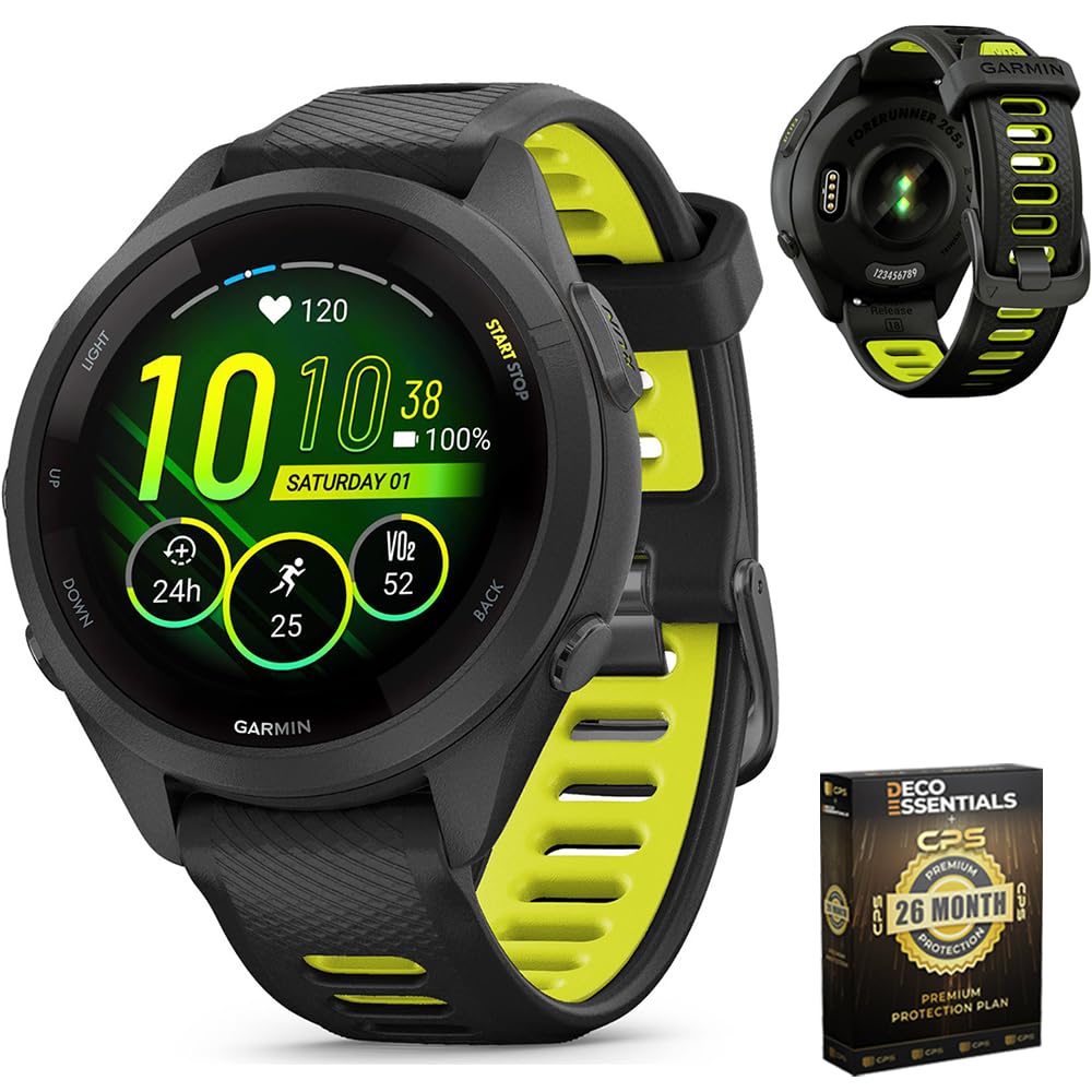 010-02810-03 Forerunner 265S GPS Smartwatch Black/Amp Yellow Bundle with Deco Essentials Exclusive 26 Month CPS Enhanced Protection Pack