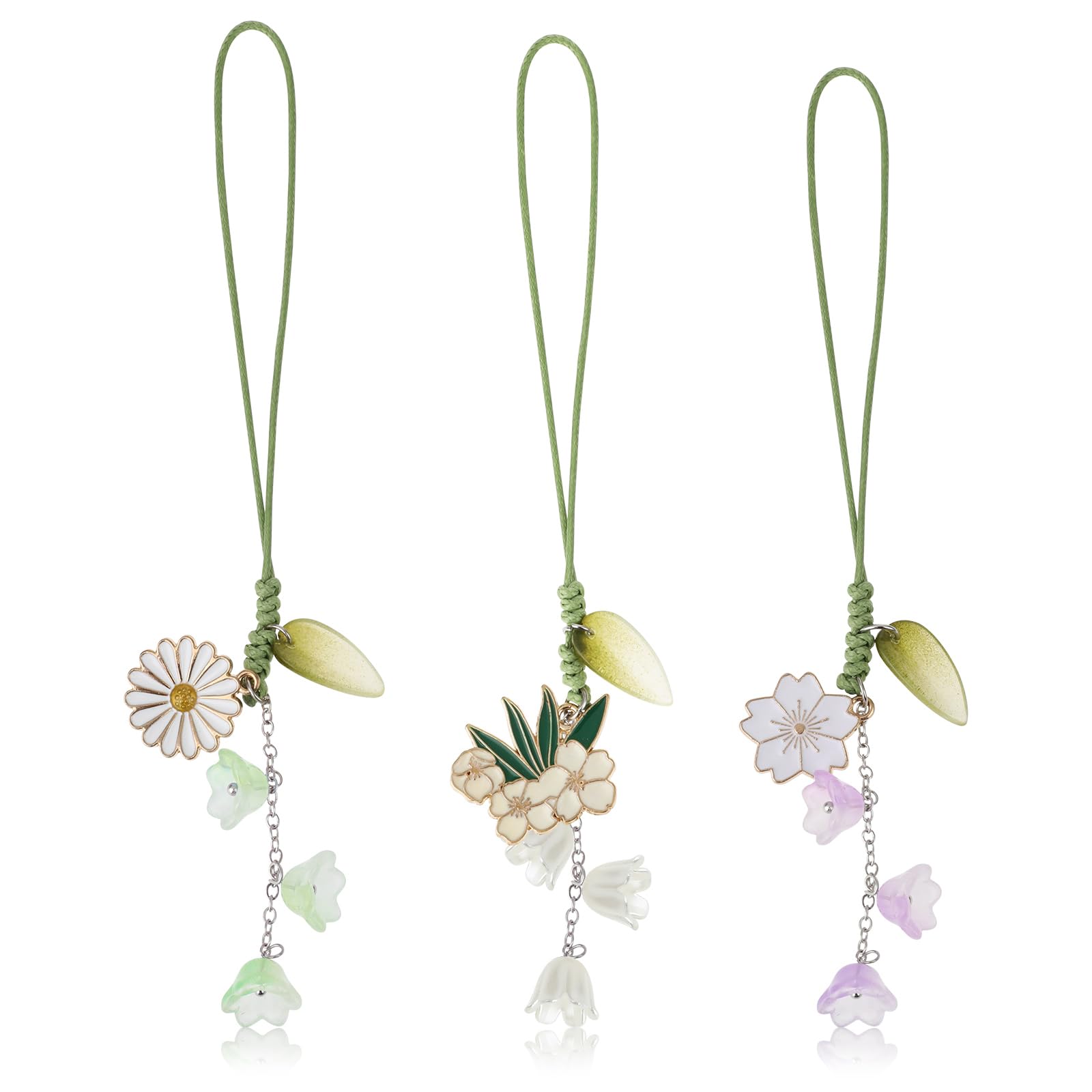 Jeffdad 3pcs Cherry Blossom Daisy Flower Phone Charm, Mobile Phone Decorative Pendant Handmade Bracelet Keychain Cute Anti-lost Phone Chain Strap for Women Girls