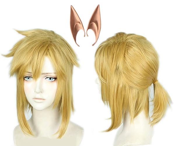 Linfairy Short Blonde Wig Halloween Cosplay Wig For Men Braid with Two Elf Ear