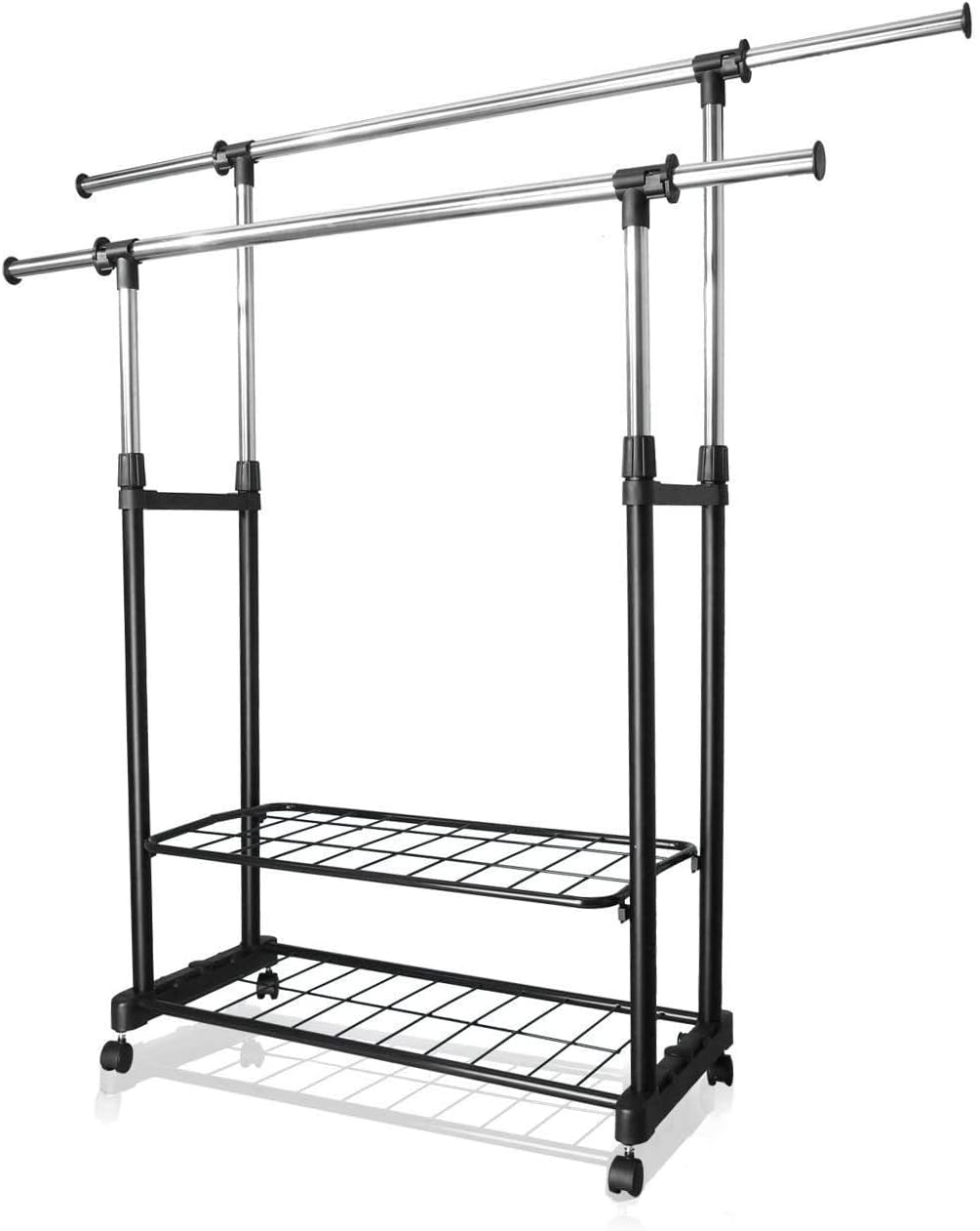 PowCube Heavy Duty Clothes Rail with Wheels,Adjustable Double Garment Rack,5FT