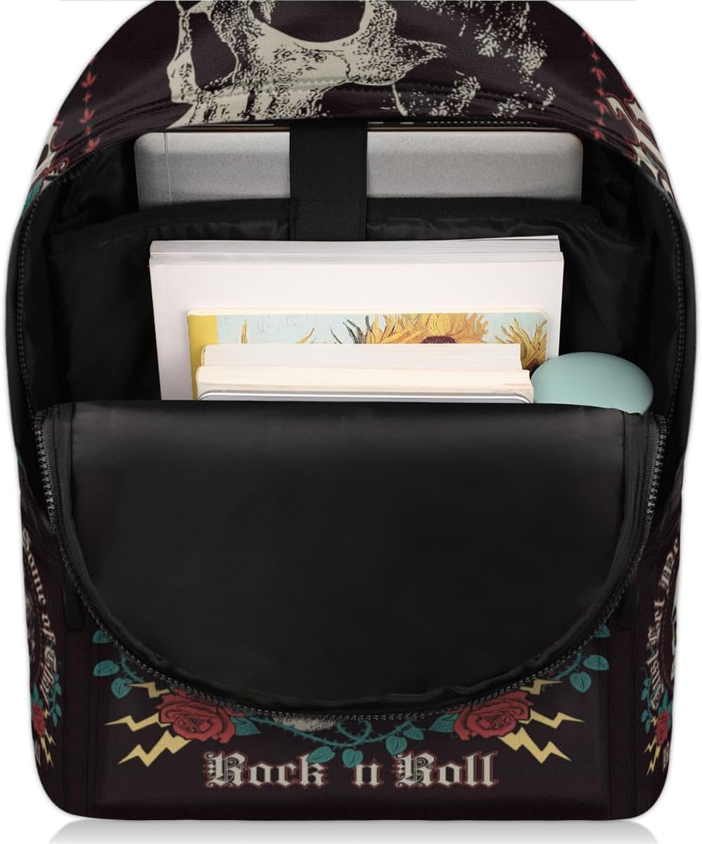 17-Inch Rock In Roll Skull Roses Laptop Backpack Full Print PU Leather Backpack with Adjustable Shoulder Strap Large Capacity Travel Weekender for Work Travel Hiking
