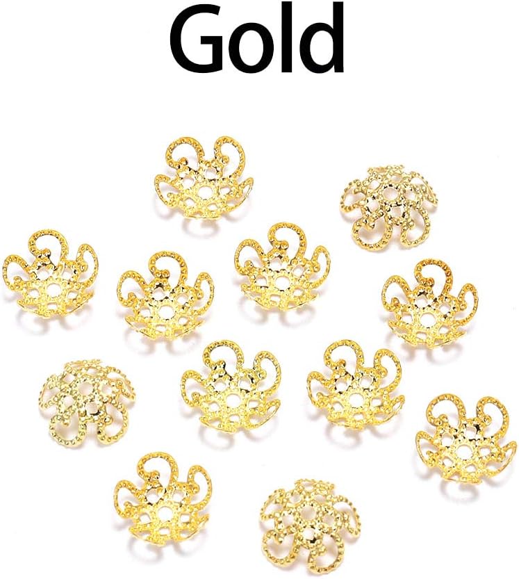 100 Pcs/Bag 10mm Shiny Vintage Filigree Gold Flower Bead End Caps Metal Bead Caps for Jewelry Making DIY Bracelet Earrings Accessories Findings (Gold, 10mm x 100pcs)