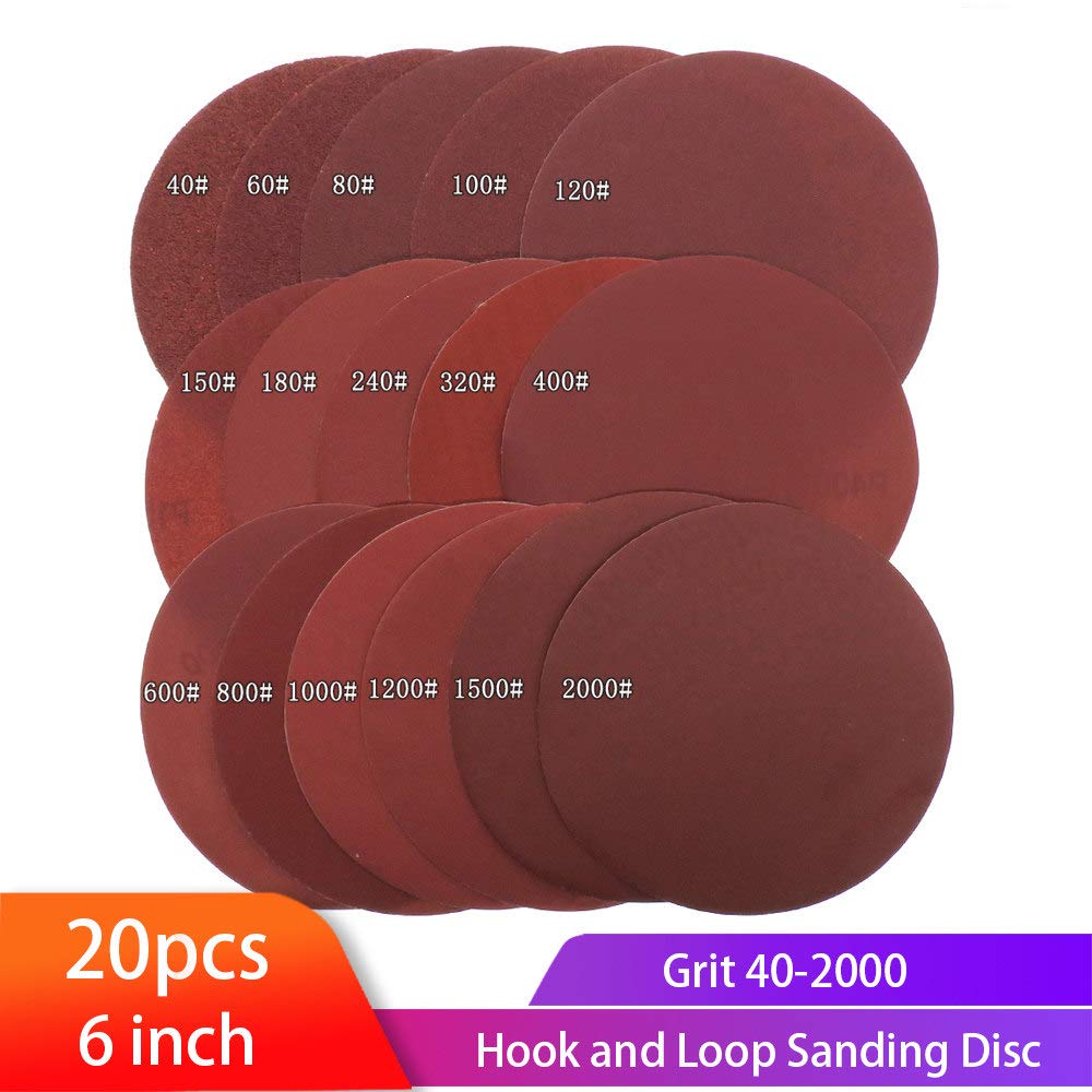 20pcs 6 pulgadas 150 mm Redondo Red Papel de lija Disco Hojas de arena Grano 40-2000 Disco de lijado de bucle de gancho Autoadhesivo para lijadoras, como se muestra, 80