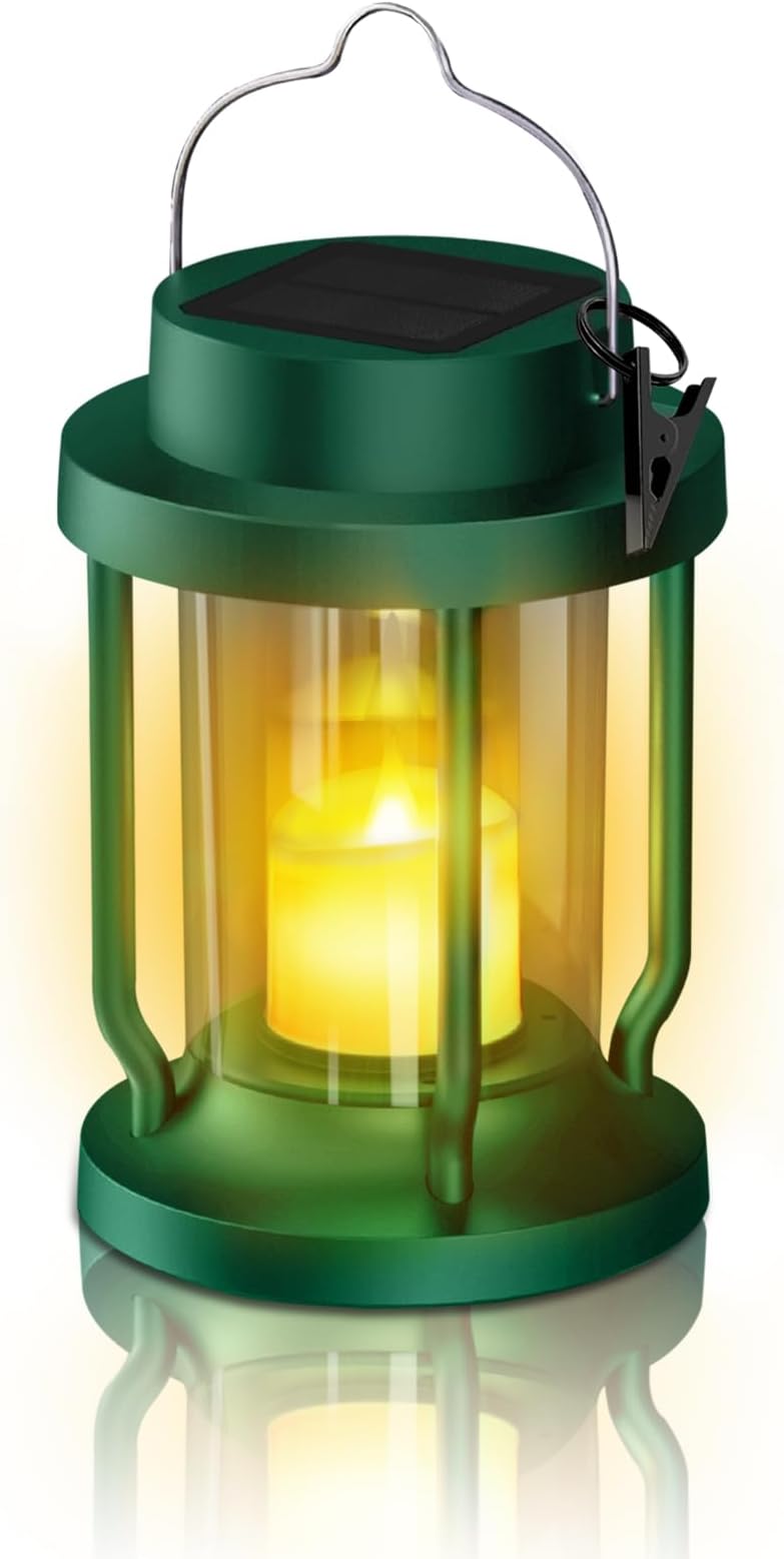 Solar Lantern Outdoor & Indoor Use – Hanging Solar Lights with Realistic Flickering Flameless Candle, Weatherproof for Gardens, Patios, Trees, and Lawns (Green, 1 Pack)