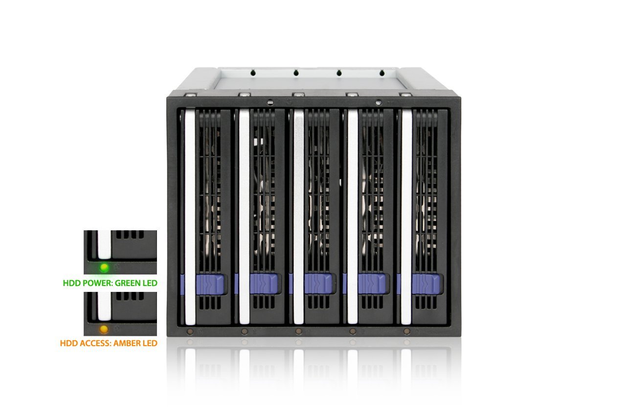 Icy Dock Backplane Cage, Rack Mobile, boitier de Cage avec tiroir Hot Swap pour 5X HDD/SSD 2,5" ou 3,5" SAS II/SATA III 6Gb/s dans 3 Baies de 5,25" Aluminium - FatCage MB155SP-B