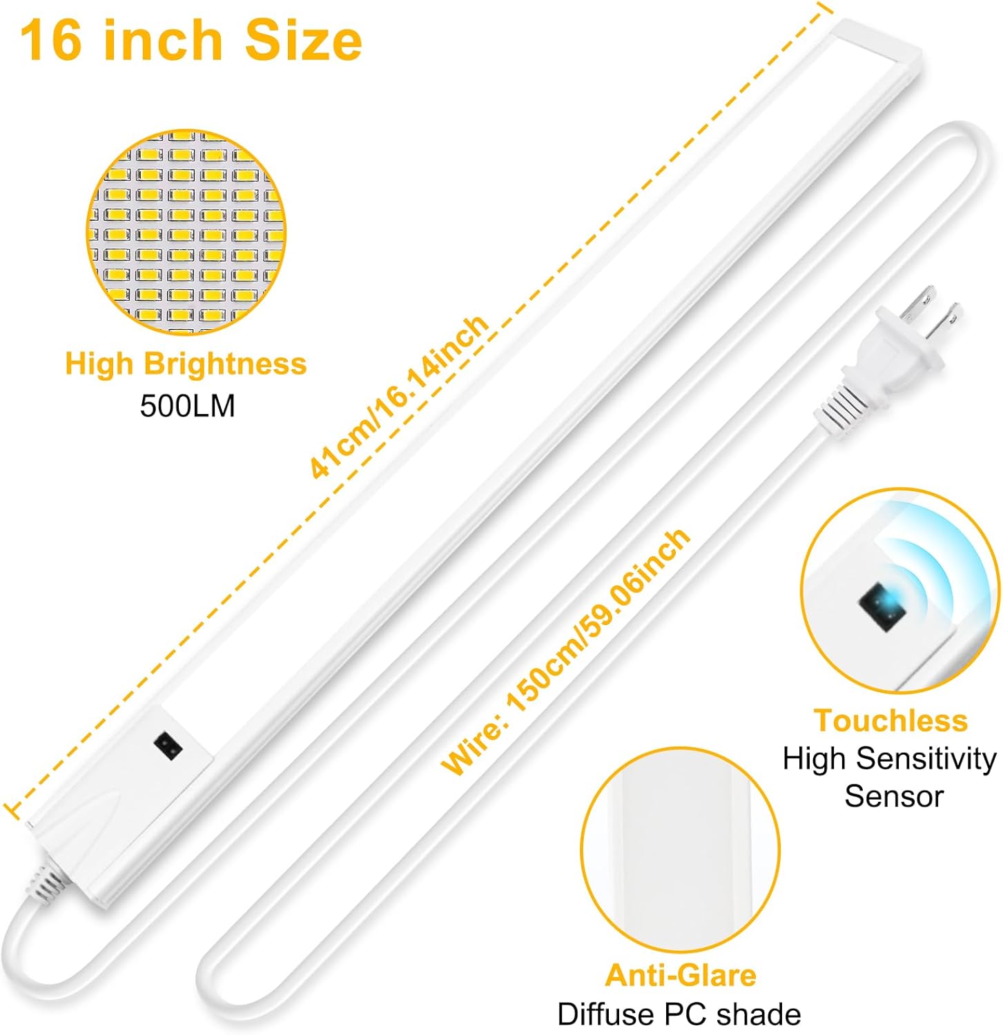 16 Inch Under Cabinet Lights Plug in, 96 LED with Hand Wave, 3 Colors Dimmable Under Cabinet Lighting, 8W 500 Lumen, Under Counter Lights for Kitchen Cupboard Closet Desk Office Garage,1 Pack