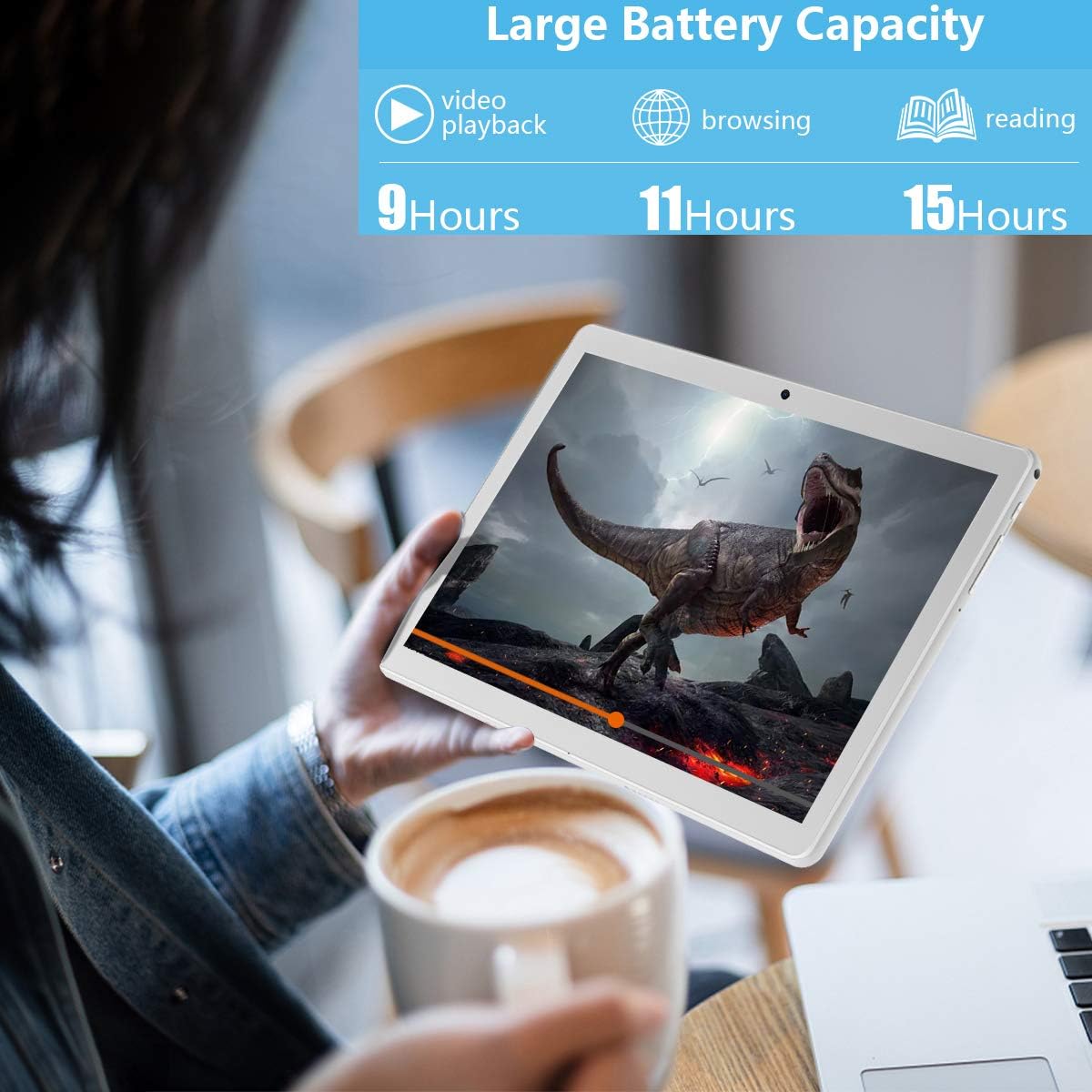 MEIZE Tablet being held by a person, displaying a video of a dinosaur, with icons indicating 9 hours video playback, 11 hours browsing, and 15 hours reading.