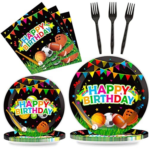 Image of Sports Party Plates Napkins Sports Happy Birthday Party Tableware Baseball Football Soccer Basketball Rugby Disposable Paper Plates Napkins for Boy Birthday Decoration Supplies Favors 24 Guests