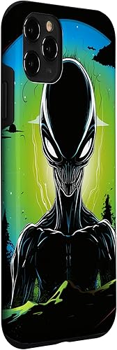 Vista 24 de iPhone 14 Pro Max Cute Green Alien Head UFO Space Face Alien Case