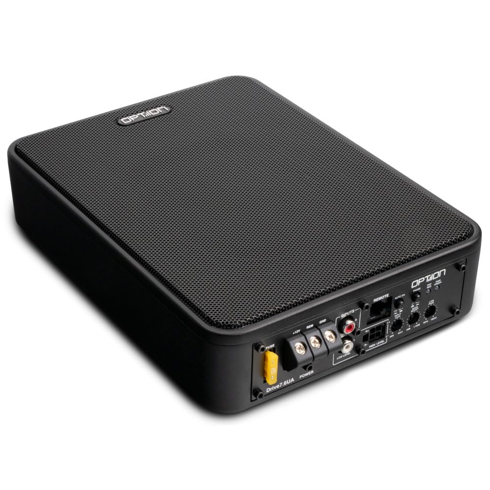 Option Subwoofer attivo DRIVE7.6UA, subwoofer compatto sotto sedile con amplificatore 100 Watt RMS, 30-150 Hz, 3,5 kg