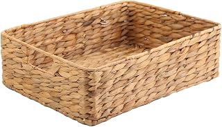 YAHUAN Handwoven Water Hyacinth Storage Basket - Natural Brown Rustic Organizer, 15.35x12x4.72in for Kitchen, Bathroom, Office