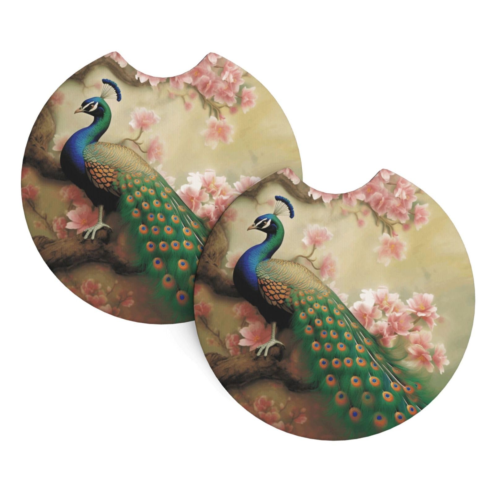 2PCS Car Coaster for Cup Holders Universal Auto Cup Mat Oriental Peacock on Flower Tree Cup Coaster Pad 2.7" Waterproof Neoprene Non-Slip Cup Holder Coasters Car Interior Accessories for Women Men