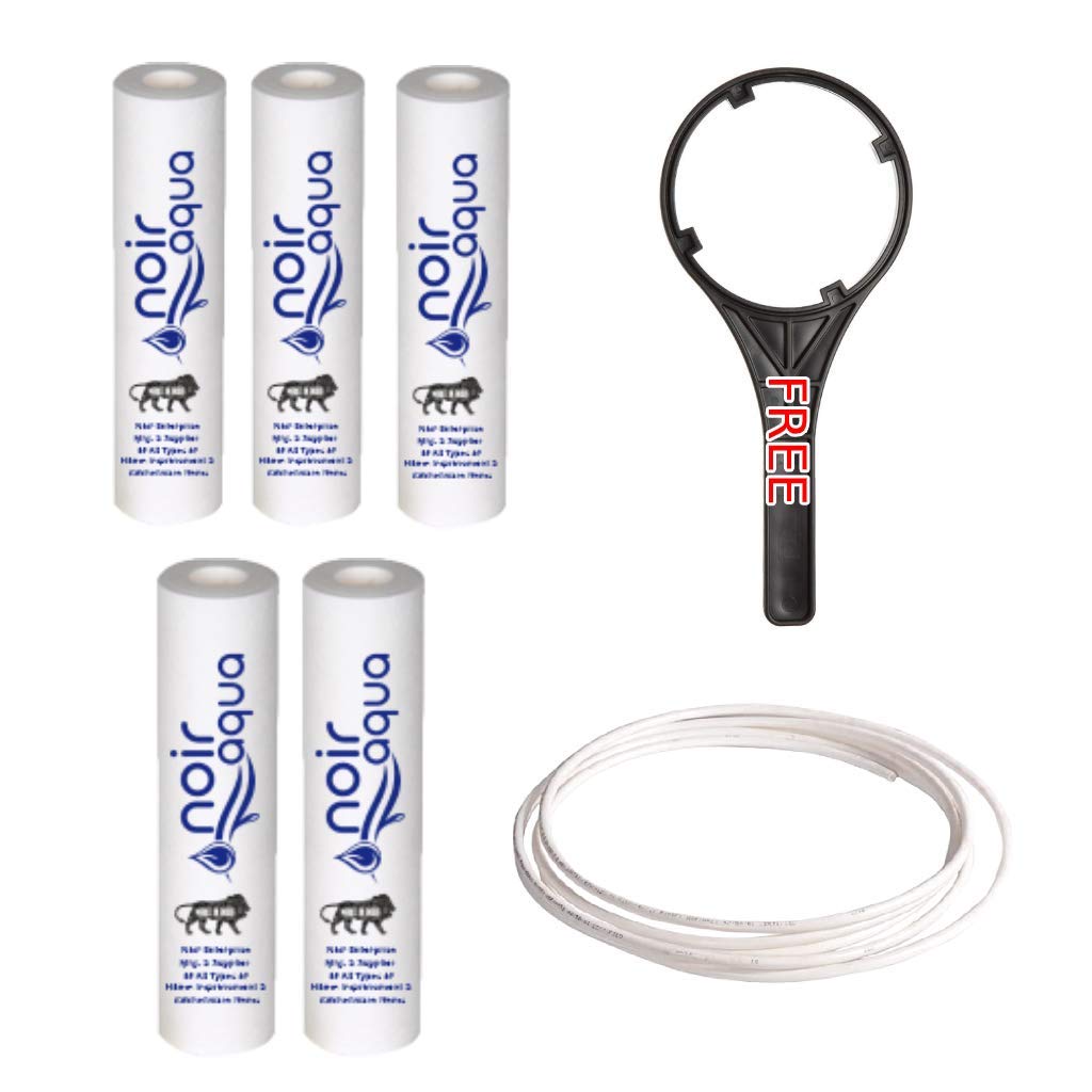 Noir Aqua RO PP Spun Filter 5pcs, 10 inch, 5 Micron + 1 Spanner + 2 Mtr Free Pipe | Suitable for All Types of RO Water purifiers, Water Filter Candle Cartridge