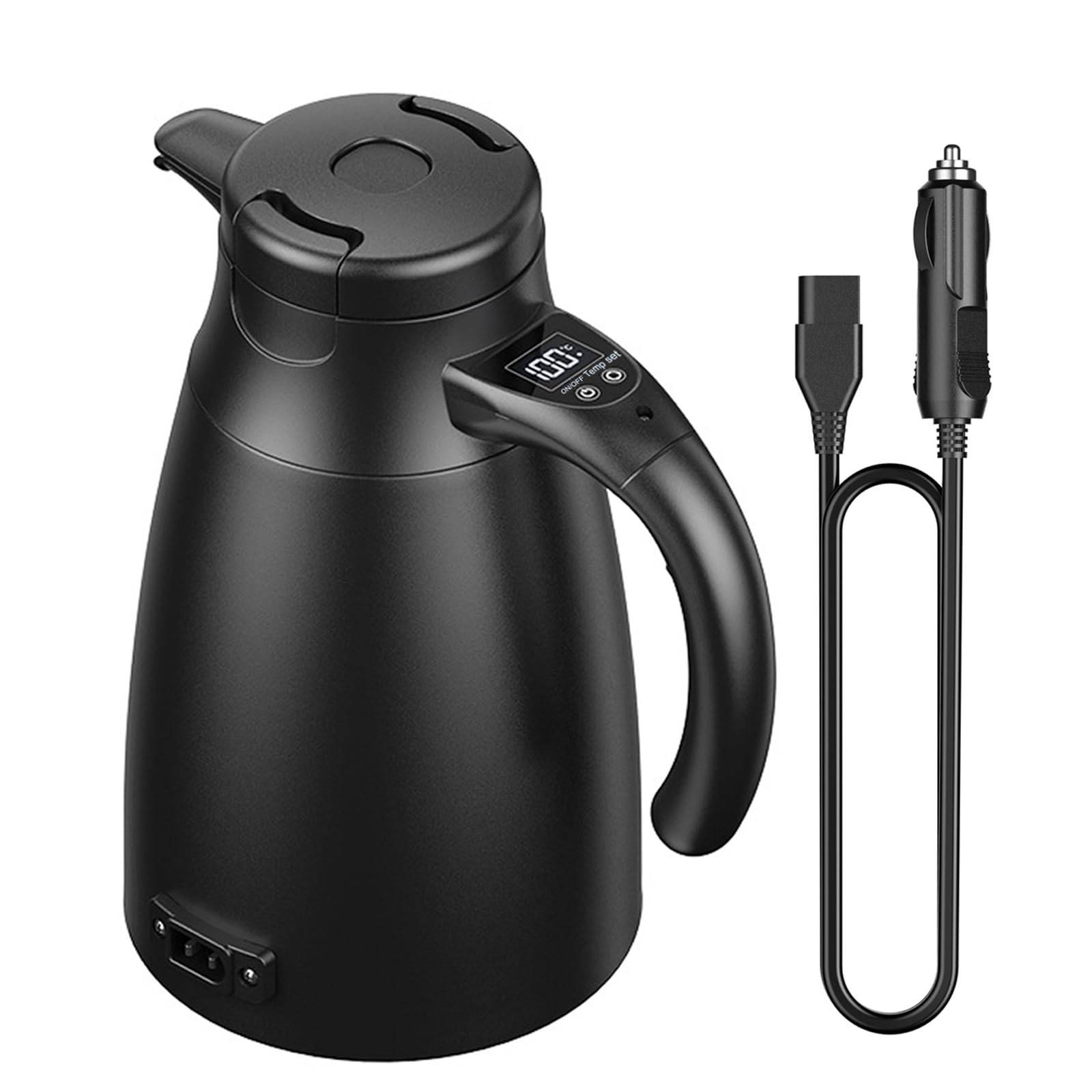 Hervidor de agua de viaje para coche, 12 V/24 V, 1,2 litros, de acero inoxidable, eléctrico, portátil, con encendedor de cigarrillos, hasta 100 ℃ con pantalla LCD para agua caliente, café, té, coche