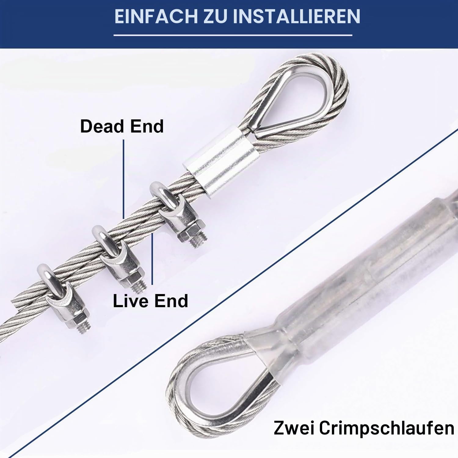 Drahtseil 5mm, 7,6M, 7x19 Litzenkern 304 Edelstahl Stahlseil mit Ösen, 1600kg Bruchfestigkeit, Drahtseil Set für Außen, Garten, Geländer