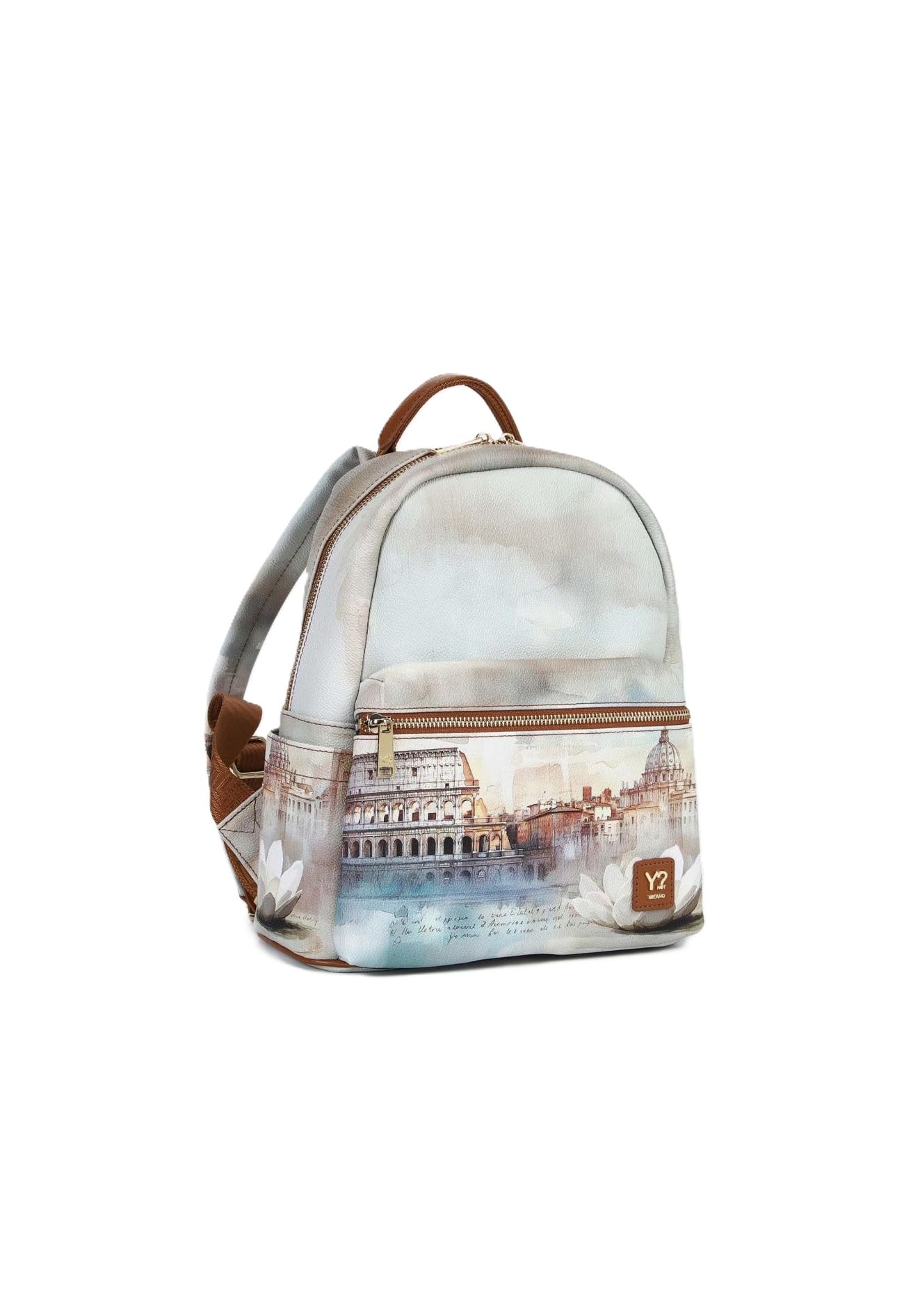 YNOT Zaino Medio YES380S6 in PVC, Stampa Roma con Fiore di Loto, 26,5x30,5x13 cm, Stile Casual Sportivo, Donna