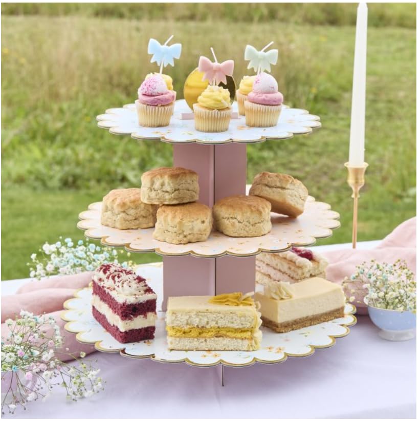 3 Tier Cake Stands for Afternoon Tea, Biodegradable Cupcake Stand Cardboard, Round Dessert Tower for Party,Birthday,Anniversary, Wedding,Baby Shower (Floral 3 Tier Cake Stand) — image 1