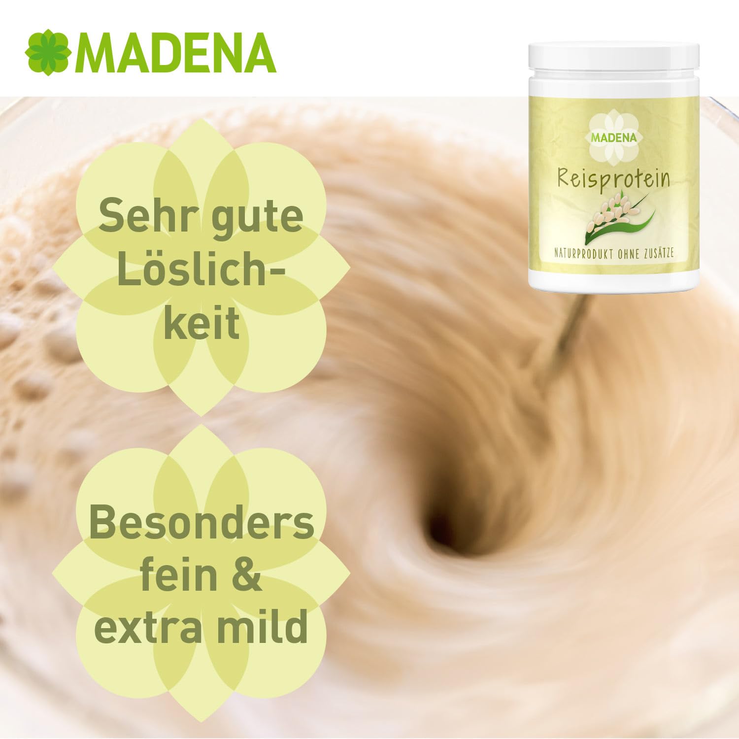 MADENA Reisprotein, 87% Proteingehalt, 1 Kg Vegan Protein, Extra mild, Besonders fein, 100% Proteinisolat, Veganes Protein, Glutenfrei, laktosefrei