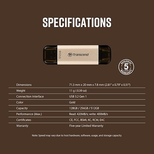 Miniatura 11 de Transcend Unidad flash USB C dual de 256 GB, Photo Stick para iPhoneiPadMac, WindowsAndroidTabletPCSmart TVconsola de juegos, hasta 420 MBs, USB 3.2