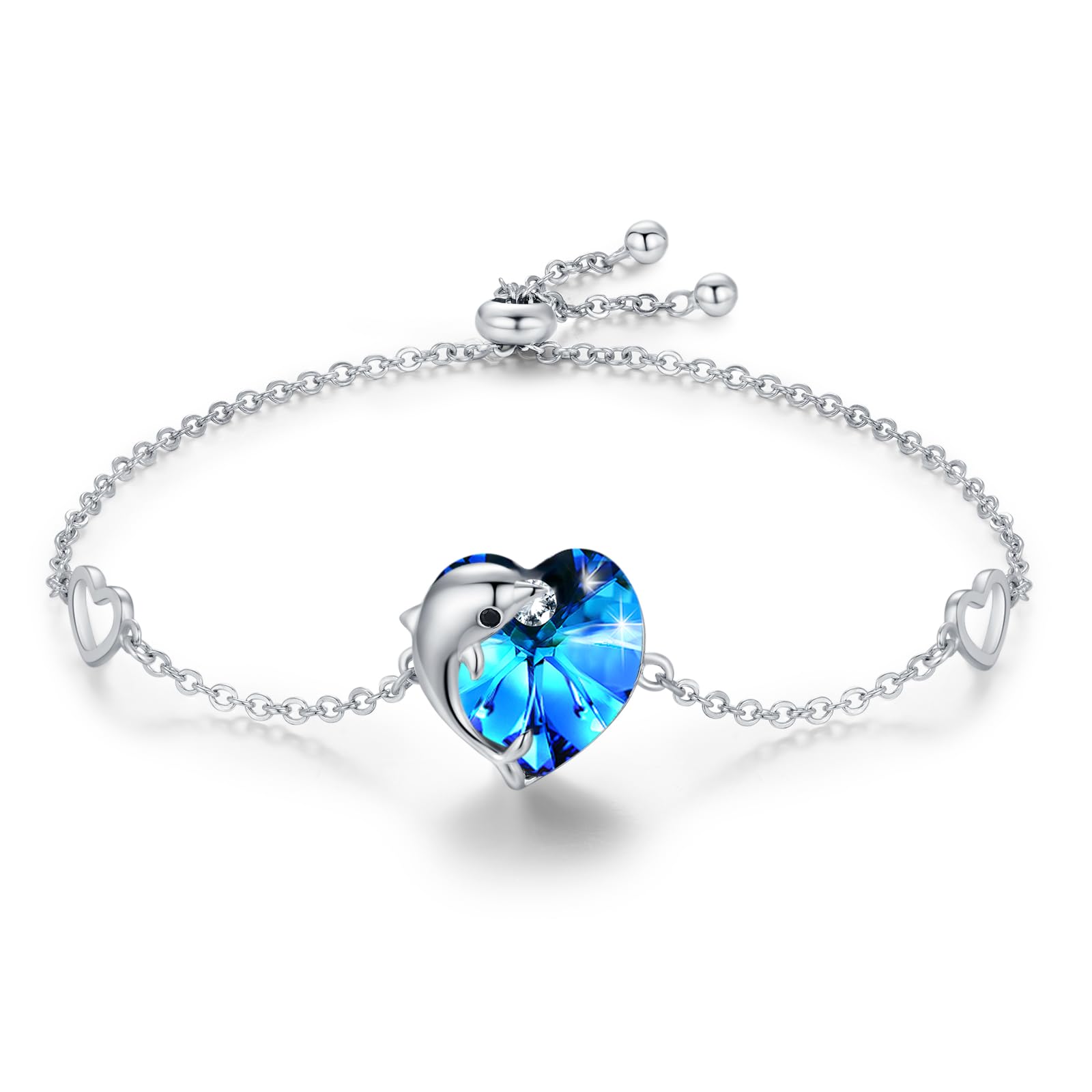 REDSUN Pulsera con colgante de delfín S925, plata de ley 925, pulseras con forma de delfín, diseño de corazón azul, cristal ajustable, para mujer, niña, esposa, novia, Navidad, regalo de cumpleaños