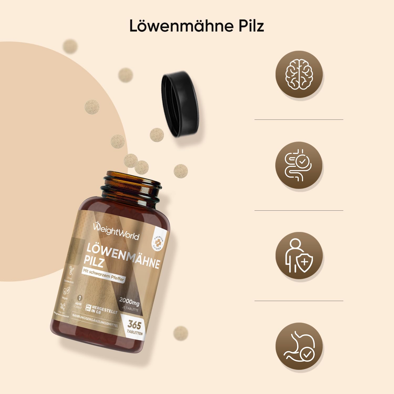 Löwenmähne Pilz 365 Tabletten - 2000mg je Tablette - 50% Polyphenol - Lions Mane Mushroom (Hericium Erinaceus) - 25:1 Extrakt mit Schwarzer Pfeffer 30mg - 1 Jahr Vorrat - WeightWorld