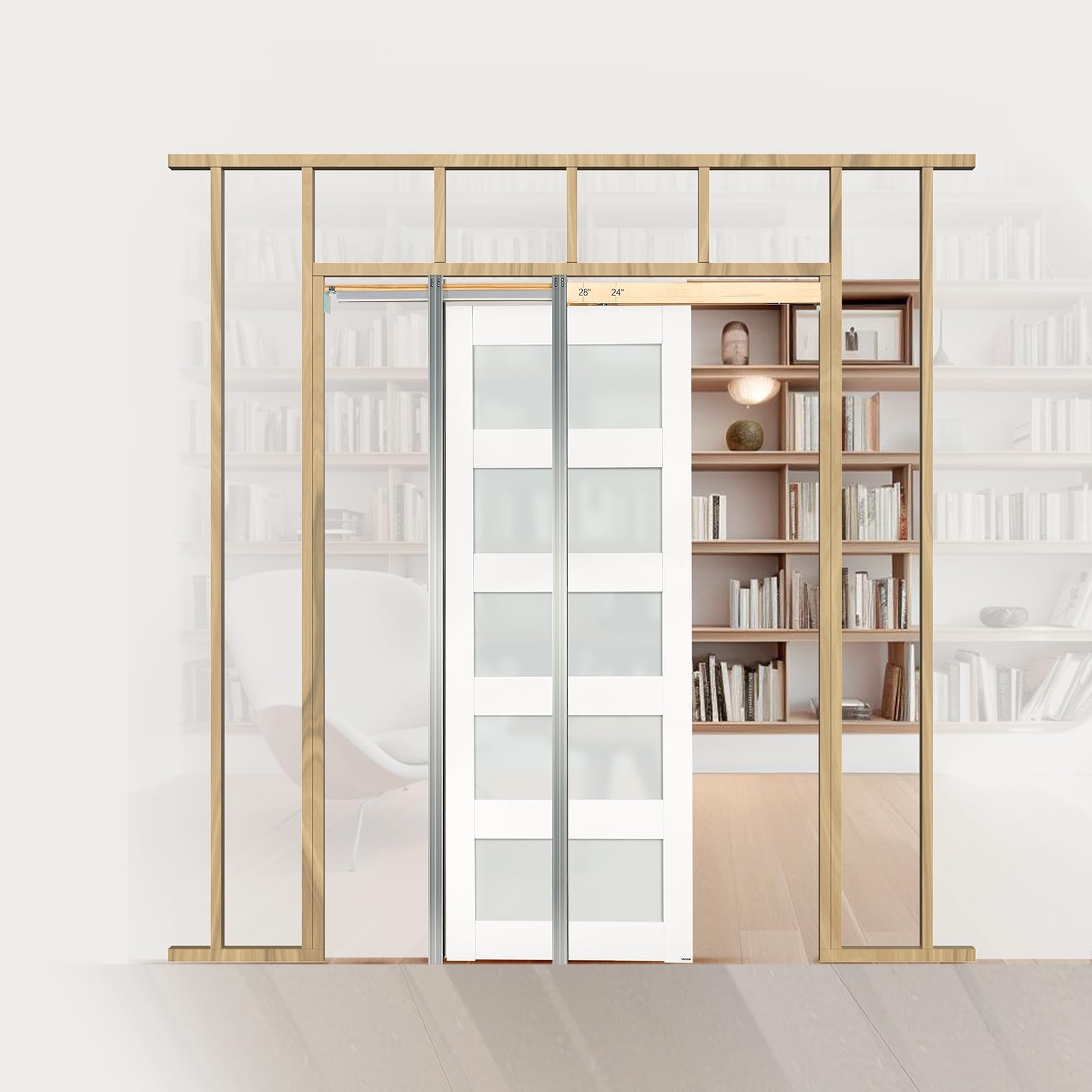 VEVOR Porte Coulissante Escamotable 203,5x76,5 cm, Simple Porte à Galandage avec 5 Panneaux en Verre Dépoli, Kit de Quincaillerie, Robuste en Bois Massif et MDF, pour Chambre, Cuisine, Bureau