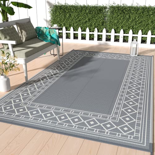 Image of GENIMO Outdoor Rug 5' x 8' Waterproof for Patios Clearance, Reversible Outdoor Plastic Straw Area Rug Outside Carpet, Large Camping Rug Mats for RV, Backyard, Deck, Balcony, Porch, Picnic, Grey&White