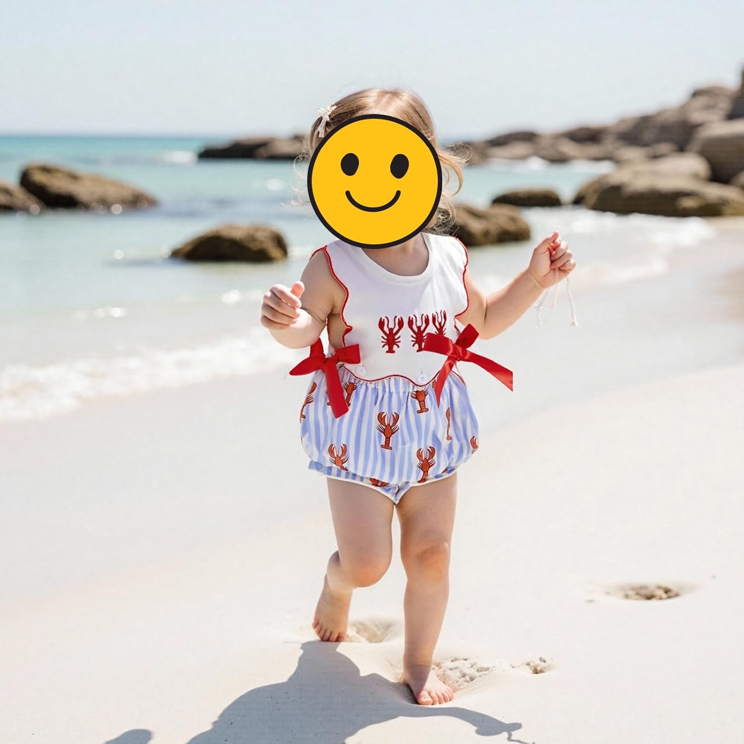 Newborn Infant Baby Girl Smocked Bubble Summer Sleeveless Onesie Striped Crawfish Embroidered Romper