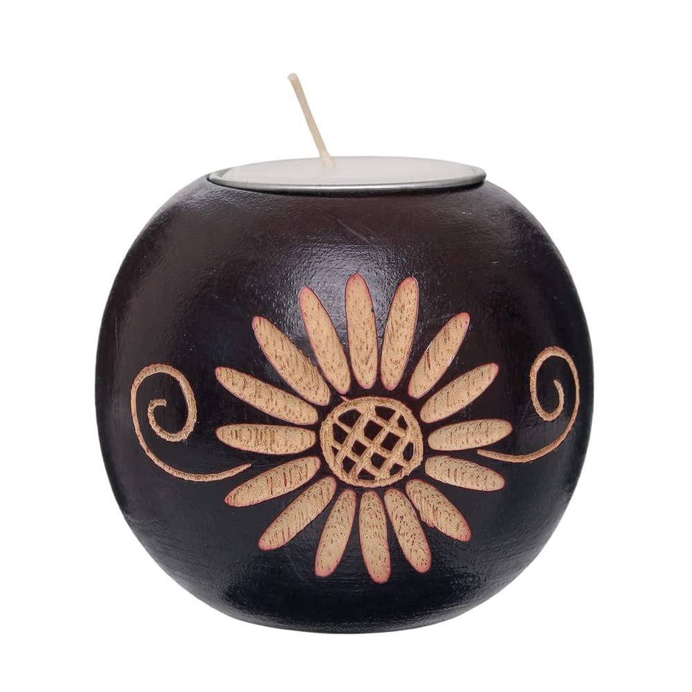 Wooden Tealight Holder Carving Handcrafted Wooden Carved Candle Holder Tealight Handicraft by Thai Artisans Living Room Decor Candle Holder (Sunflowers)
