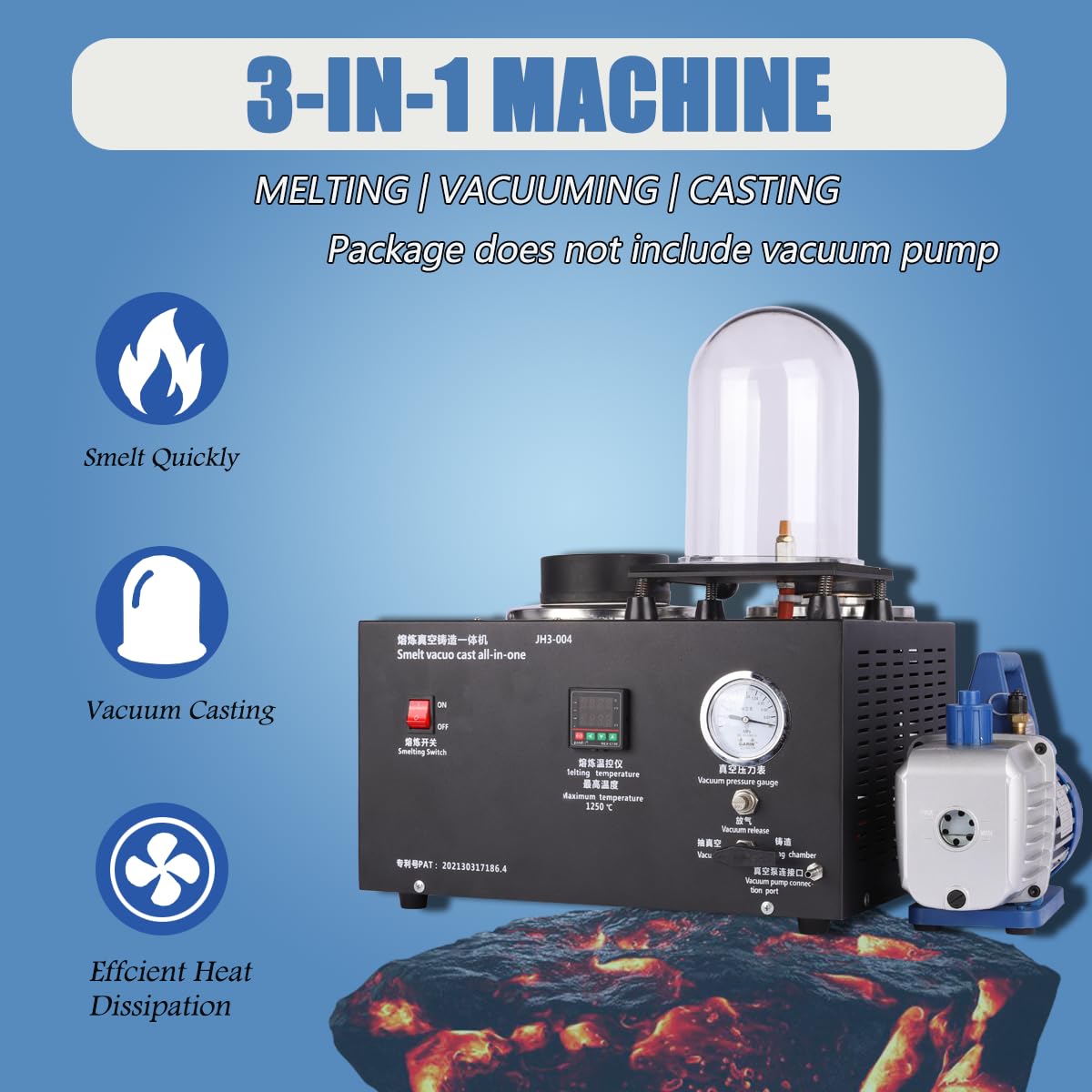 2L Cast Vacuum Melting Machine Digital Display Siamese Casting Machine for Jewelry Casting Molds Processing, 3 CFM Lost Wax Cast Combination Without Pump