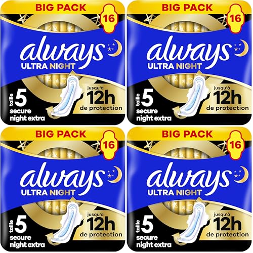 Always Ultra Serviettes Menstruelles Secure Night Extra (taille 5) Avec Ailettes 16 Serviettes, Super Absorbantes Et Ultra-Fines, Pour Règles