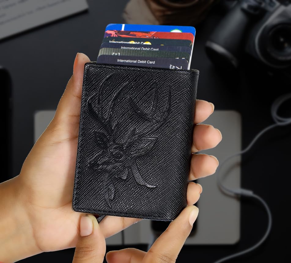 Image of Men's Genuine Leather RFID Wallet | Premium Slim Red Wallet for Men with Deer 3D Print | 8 Card Slots Secure and Durable | Casual Stylish | Formal & Gifting Use, Black (Safiano /Black)