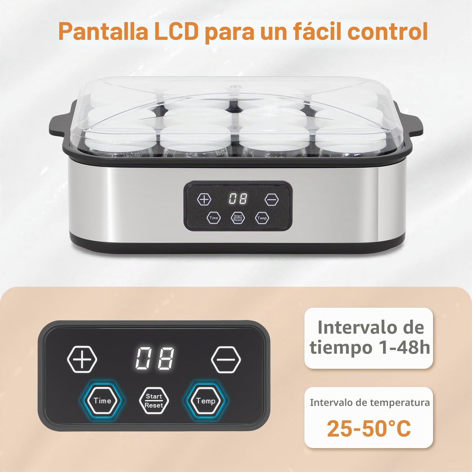 Todeco Yogurtera Eléctrica con 12 Tarros de 180 ml con Tapa, Máquina de Yogur Casero de Acero Inoxidable, Pantalla LCD, Tiempo y Temperatura Ajustable, para Yogur Griego, Yogur Frutas